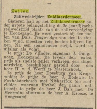 Oud krantenknipsel met de kop Zeilen