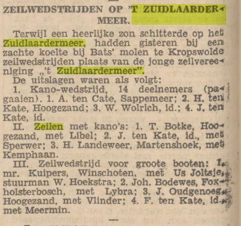 Oud krantenknipsel over zeilwedstrijden op het Zuidlaardermeer