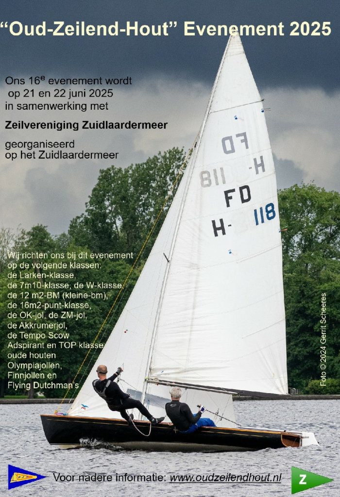 Affiche met een houten zeilboot en de tekst Oud-Zeilend-Hout Evenement 2025
